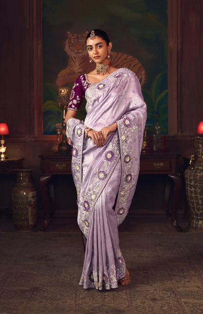 Lilac Purple Heavy Embroidery & Handwork Silk Saree