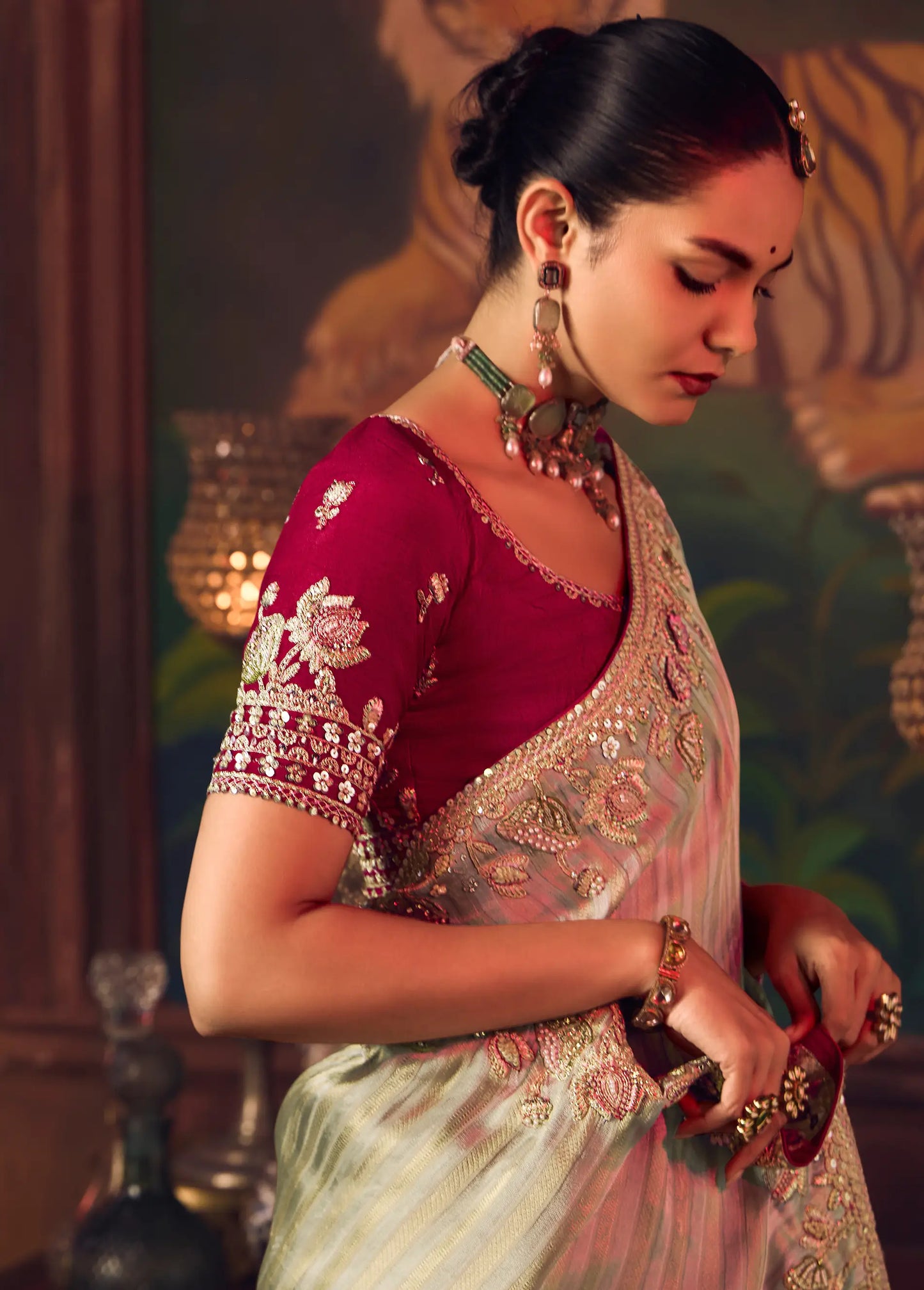 Metalic Gold Heavy Embroidery & Handwork Silk Saree