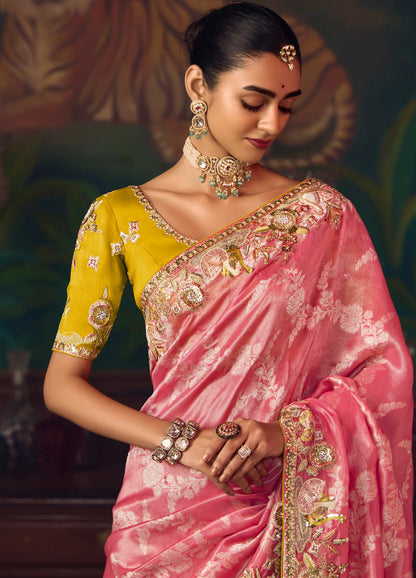 Peach Pink Heavy Embroidery & Handwork Silk Saree
