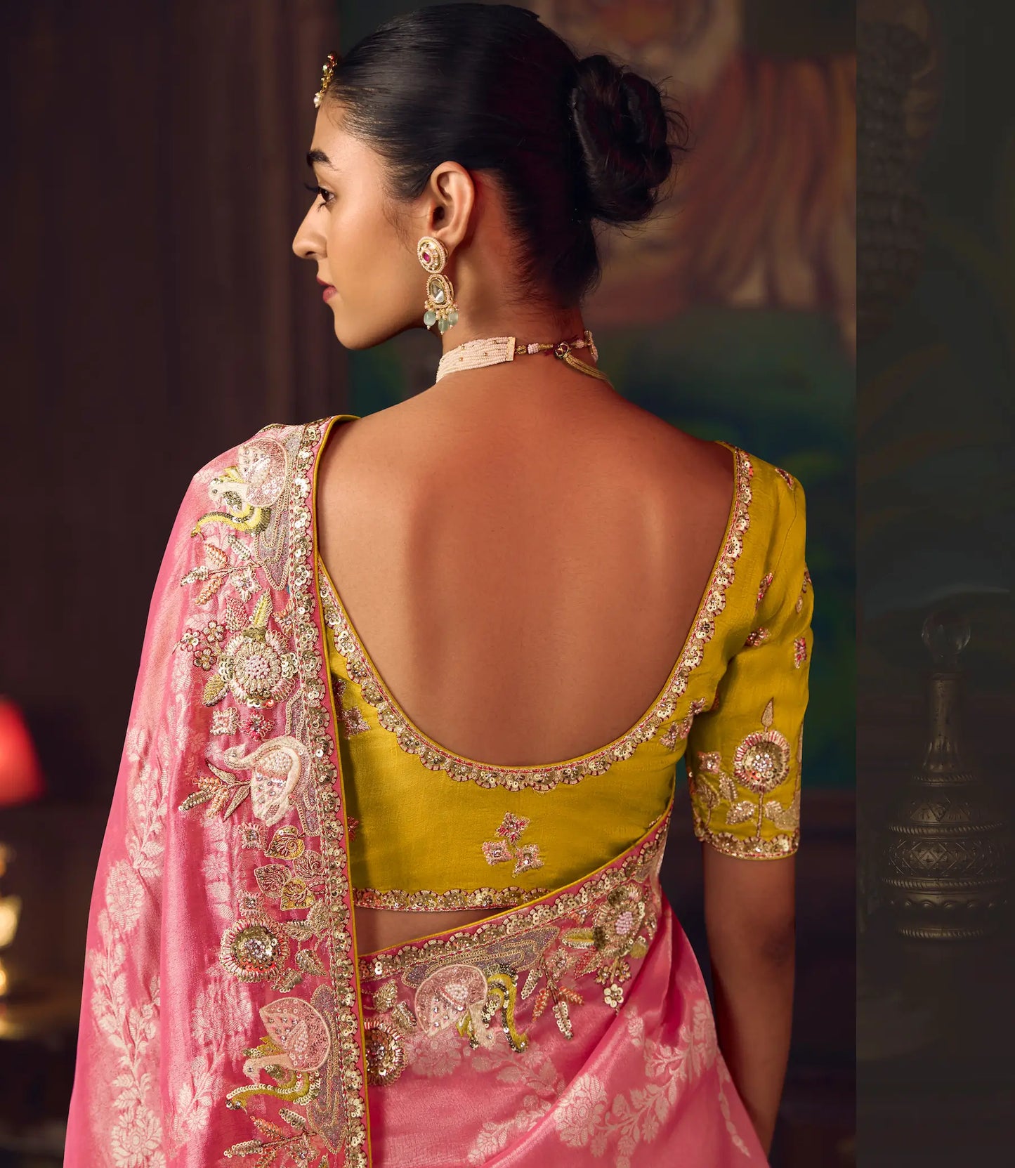 Peach Pink Heavy Embroidery & Handwork Silk Saree