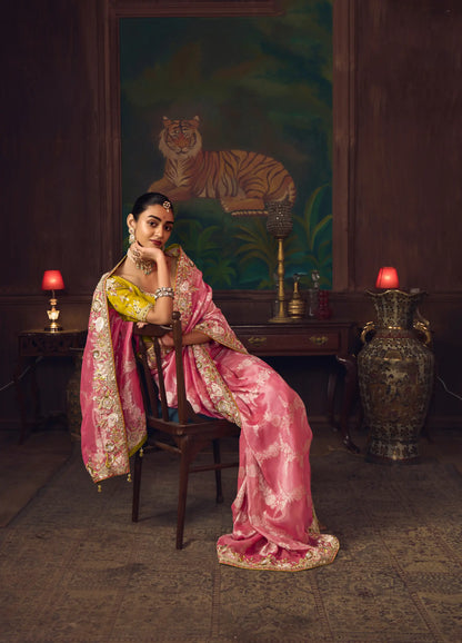 Peach Pink Heavy Embroidery & Handwork Silk Saree