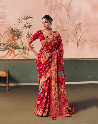 Scarlet Red Georgette Bandhej Weaving Saree