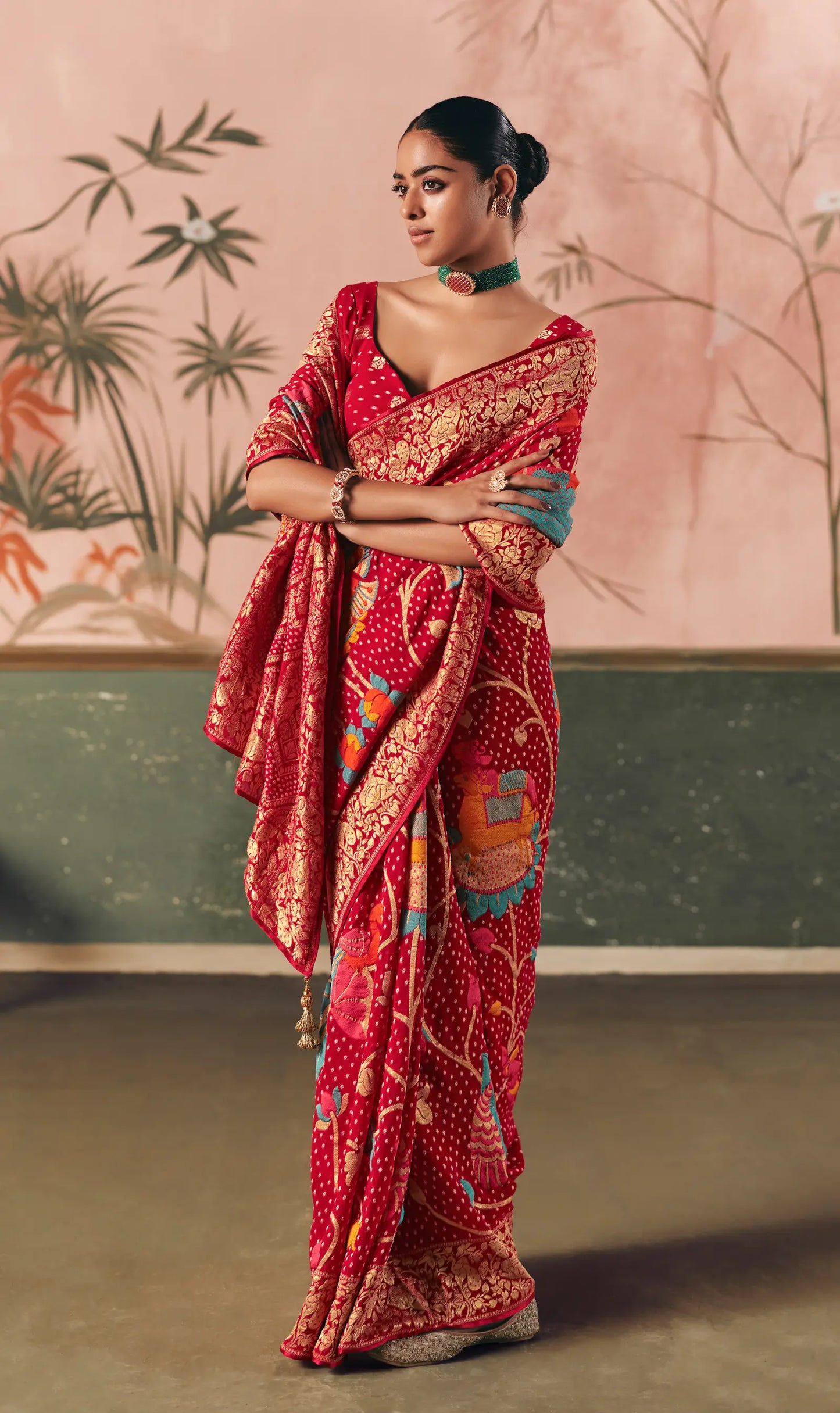 Scarlet Red Georgette Bandhej Weaving Saree