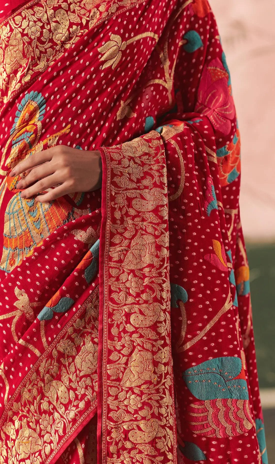 Scarlet Red Georgette Bandhej Weaving Saree