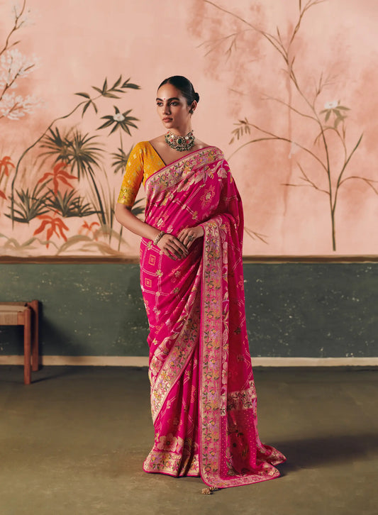 Rani Pink Georgette Bandhej Weaving Saree