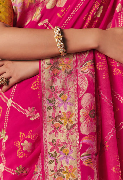 Rani Pink Georgette Bandhej Weaving Saree