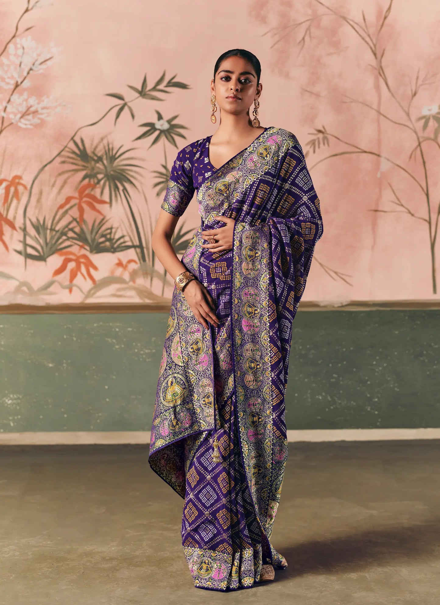 Bluish Purple Georgette Bandhej Weaving Saree