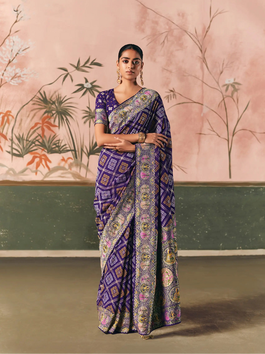 Bluish Purple Georgette Bandhej Weaving Saree