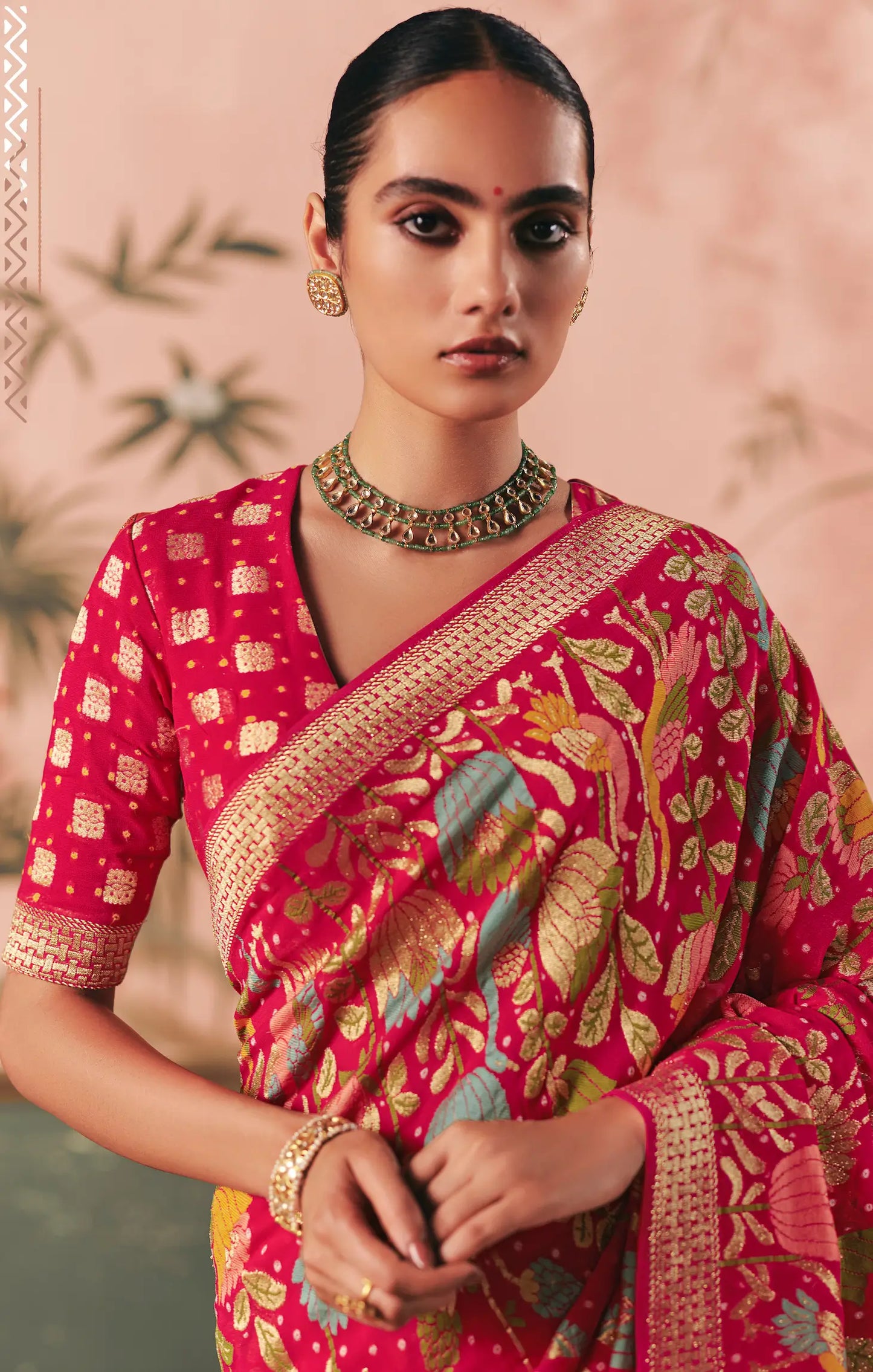 Rose Red Georgette Bandhej Weaving Saree