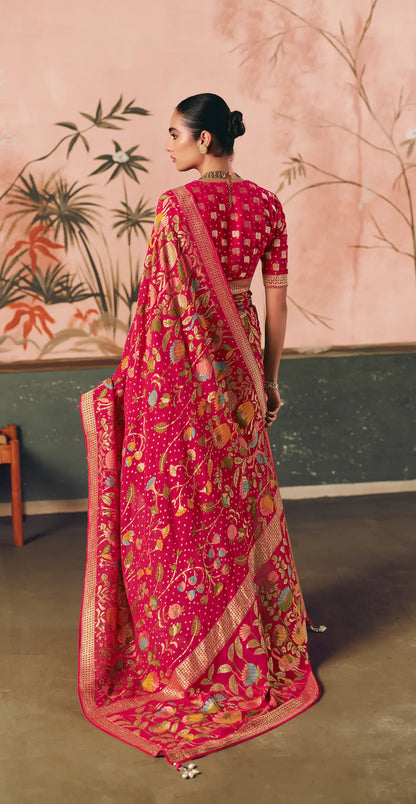 Rose Red Georgette Bandhej Weaving Saree