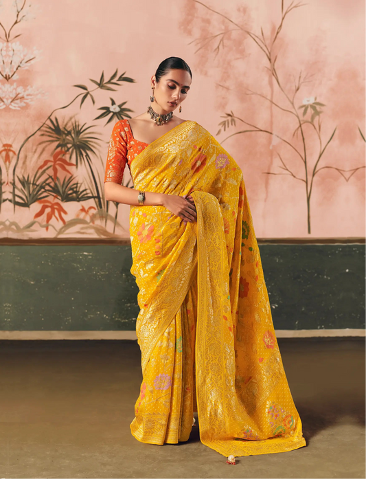 Bee Yellow Georgette Bandhej Weaving Saree