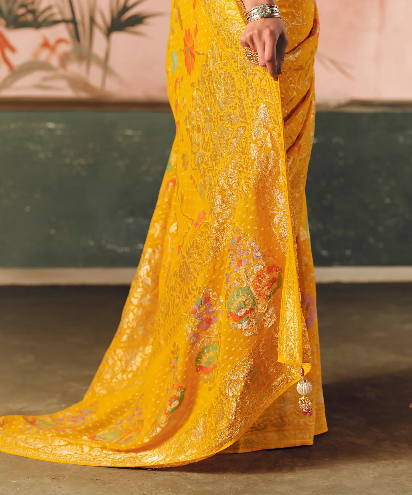 Bee Yellow Georgette Bandhej Weaving Saree