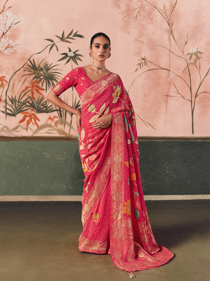 Dusty Red Georgette Bandhej Weaving Saree