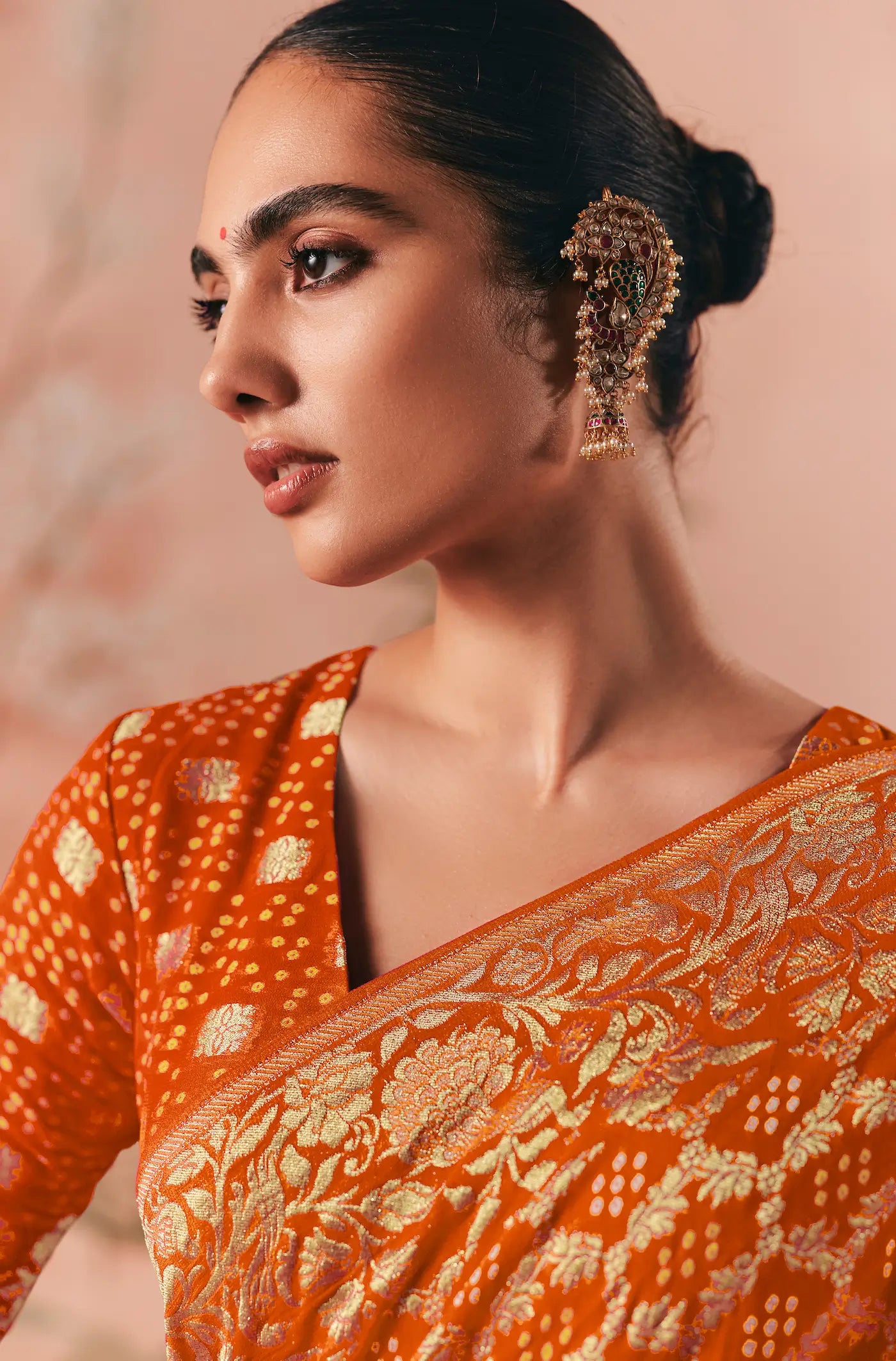 Burnt Orange Georgette Bandhej Weaving Saree