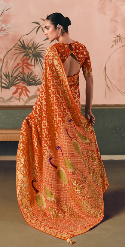 Burnt Orange Georgette Bandhej Weaving Saree