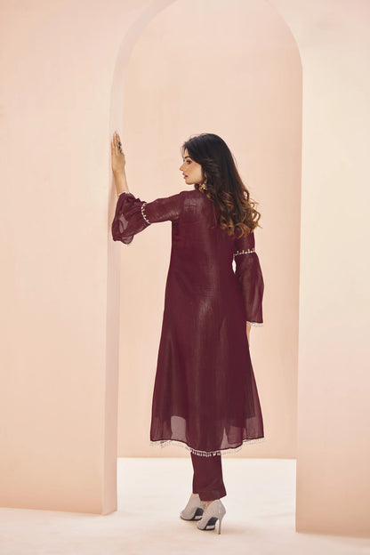 Maroon Organza Salwar Suit With Handwork