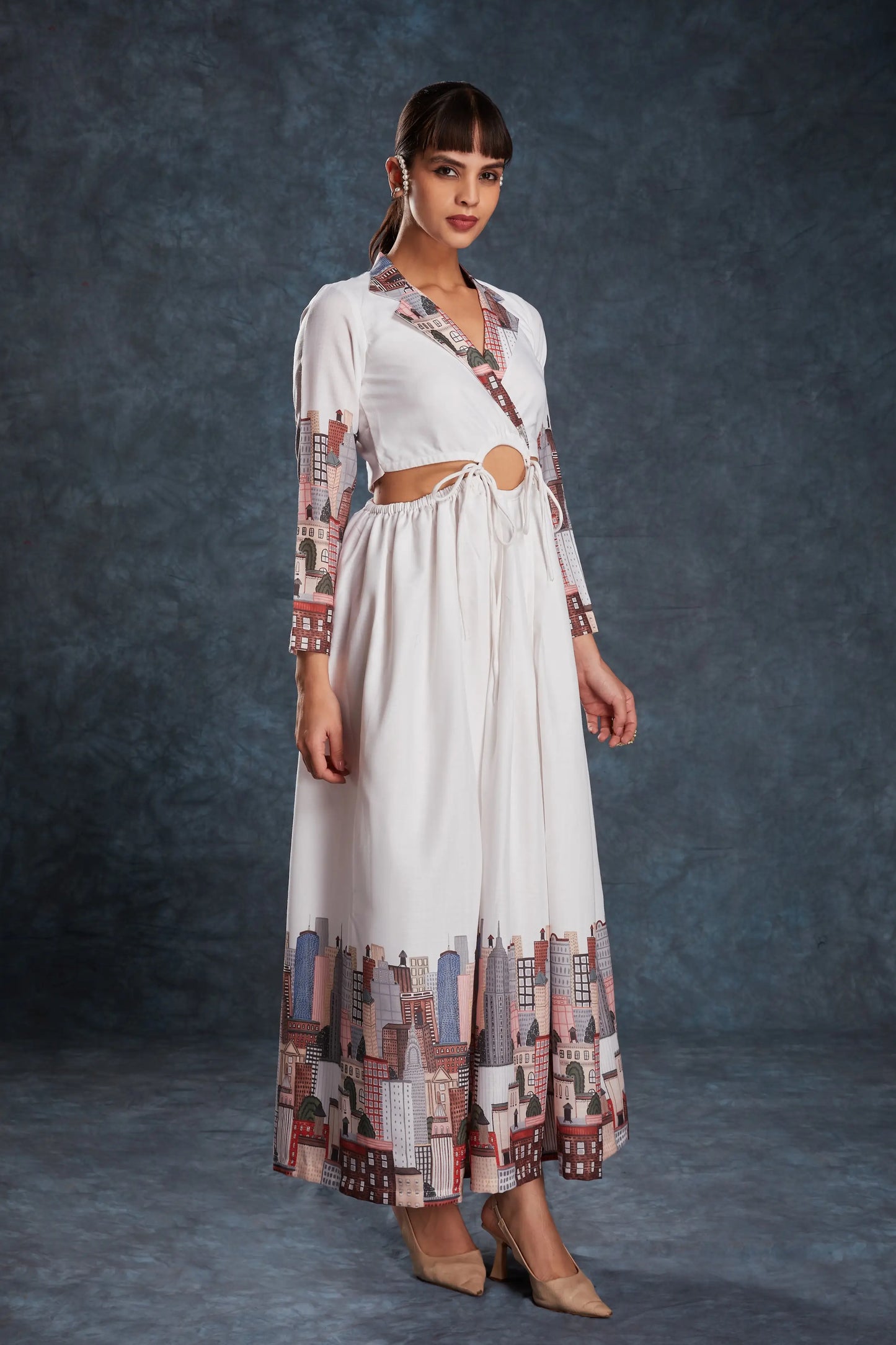 White Printed Linen Gown