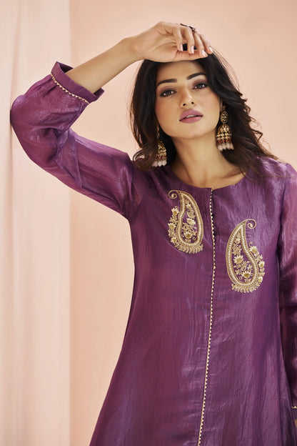 Purple Organza Salwar Suit With Handwork