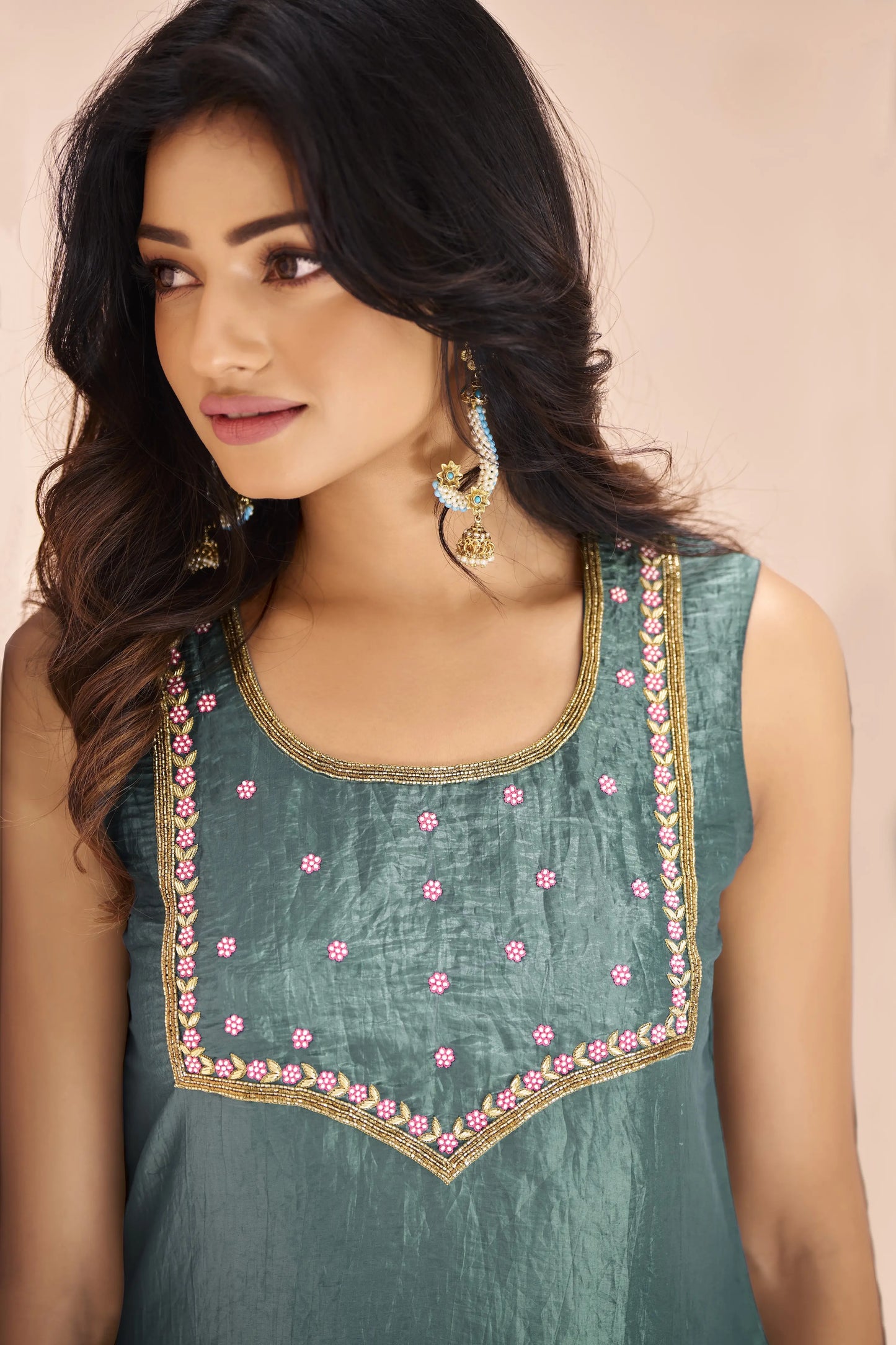 Aqua Green Organza Salwar Suit With Handwork