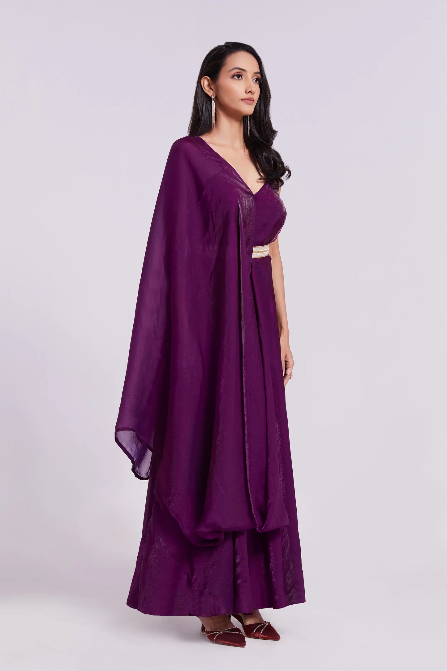 Wine Pure Organza Gown With Dupatta