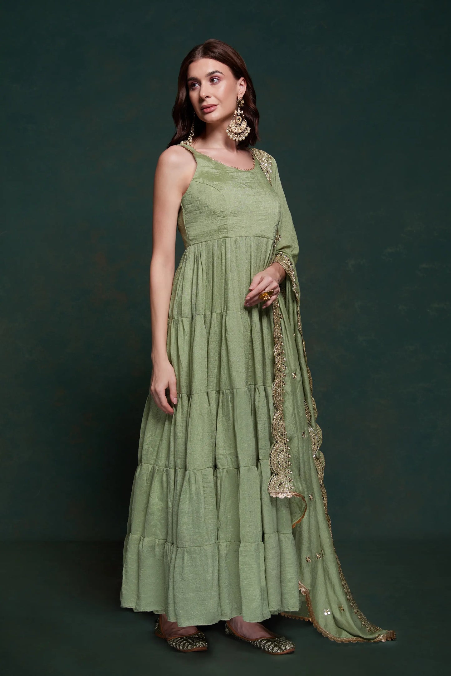 Pista Georgette Gown With Dupatta