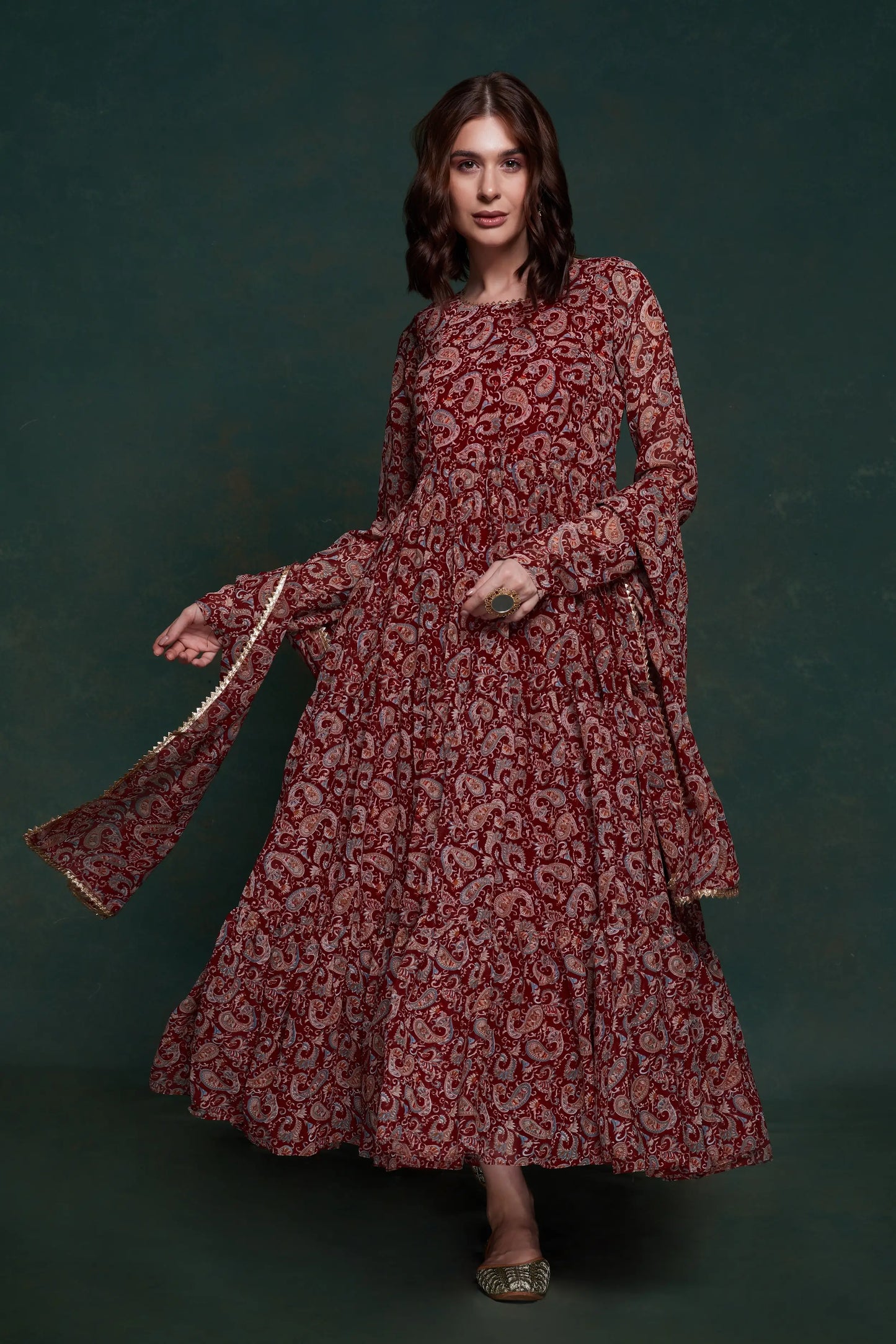 Maroon Printed Gown With Dupatta