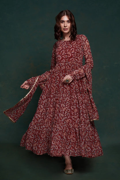 Maroon Printed Gown With Dupatta