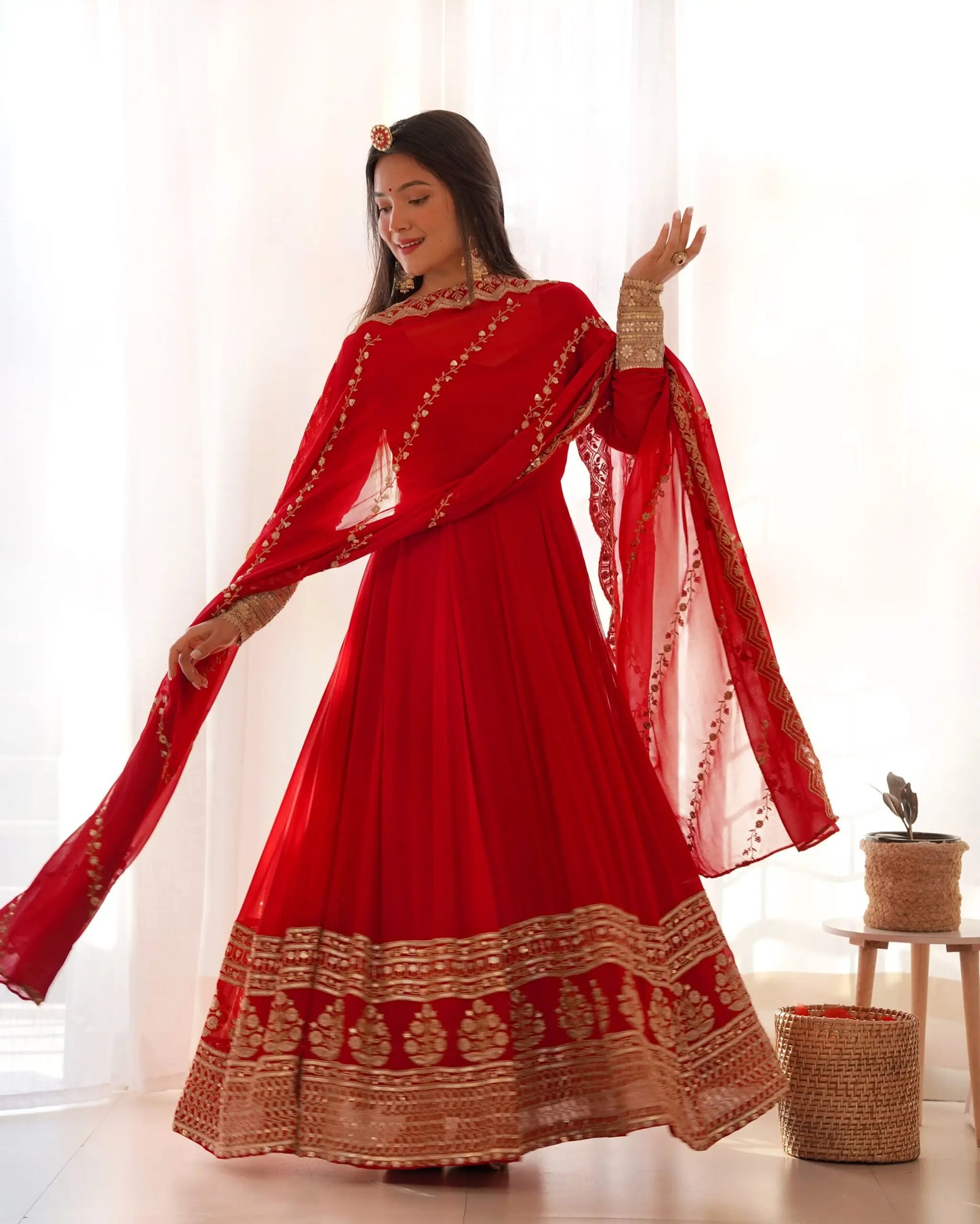 Red Embroidery Georgette Gown With Dupatta