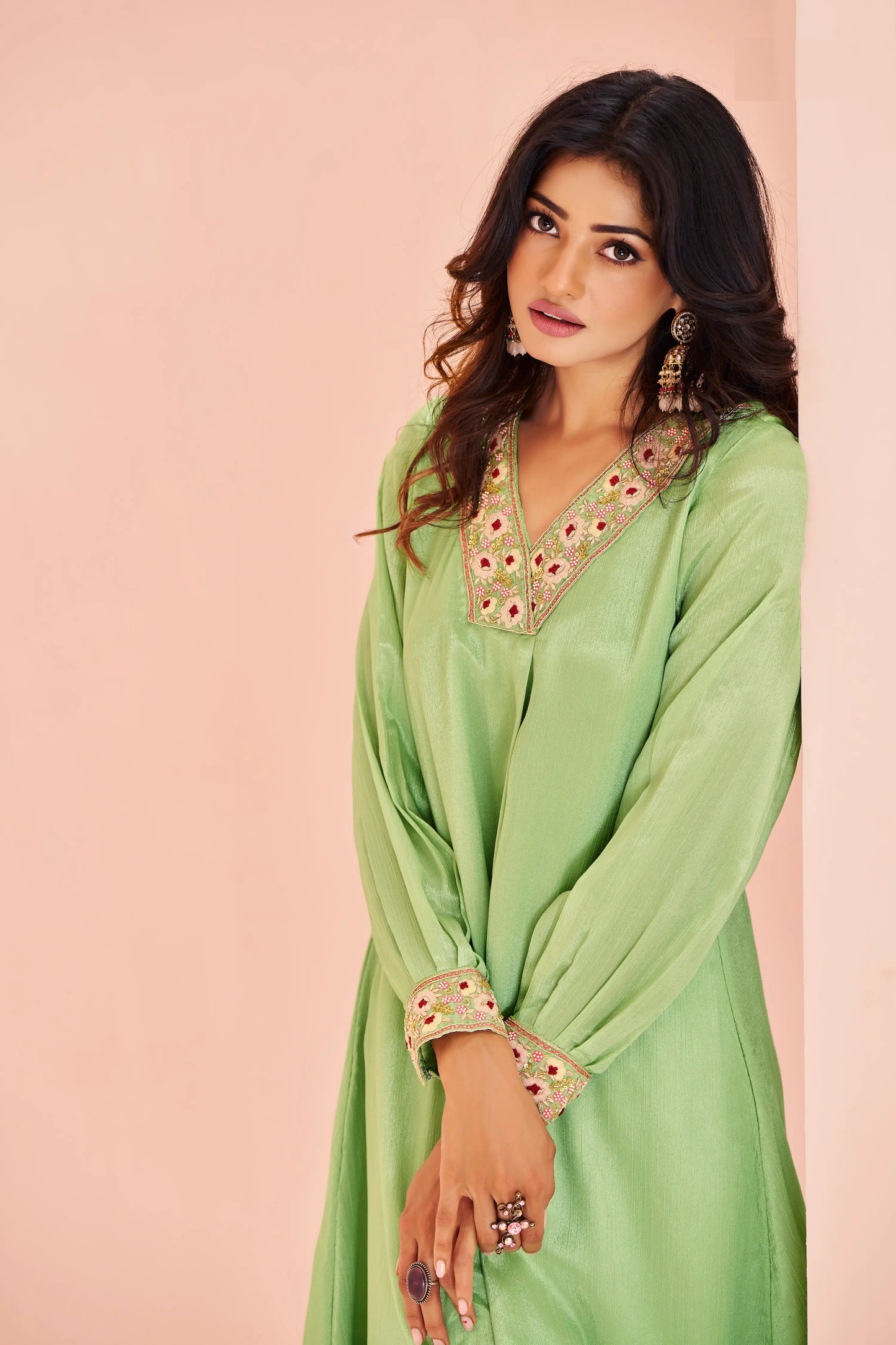 Pista Green Chinon Salwar Suit With Handwork