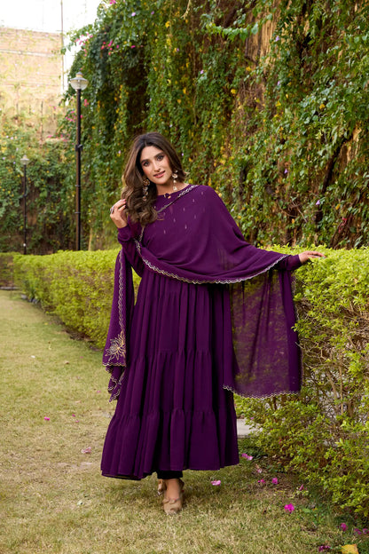 Deep Purple Flared Gown With Foil Work