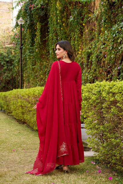 Hot Pink Flared Gown With Foil Work