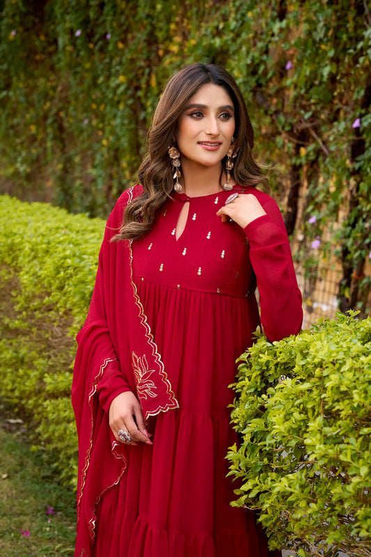 Hot Pink Flared Gown With Foil Work