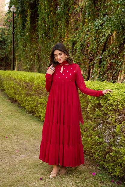 Hot Pink Flared Gown With Foil Work