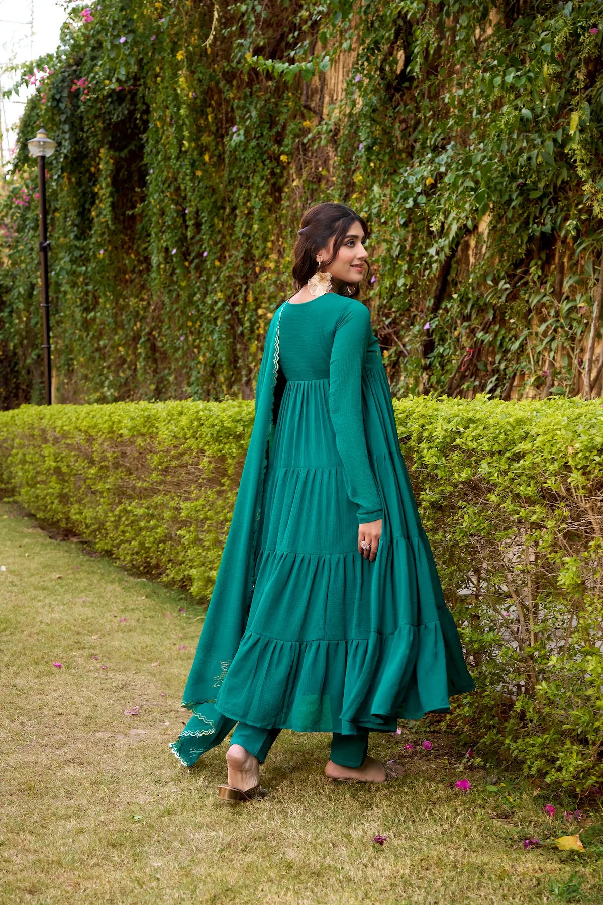 Dark Teal Flared Gown With Foil Work