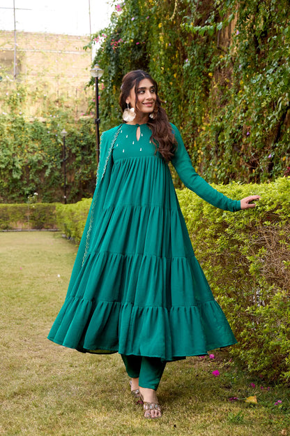 Dark Teal Flared Gown With Foil Work