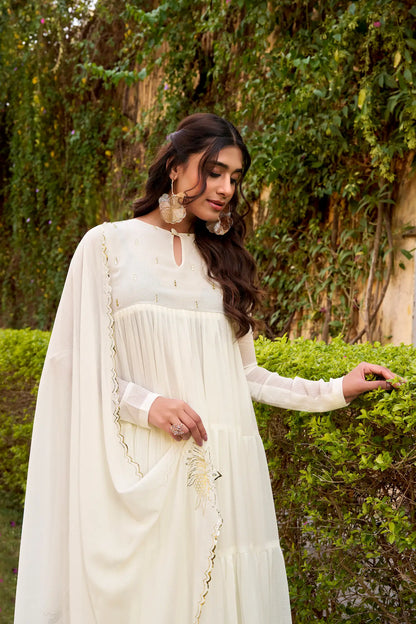 Pearl White Flared Gown With Foil Work