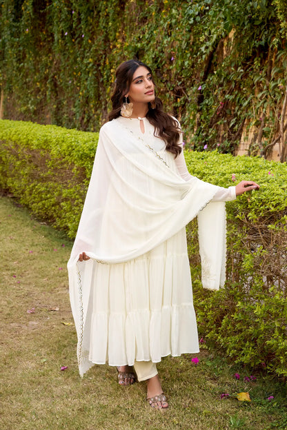 Pearl White Flared Gown With Foil Work