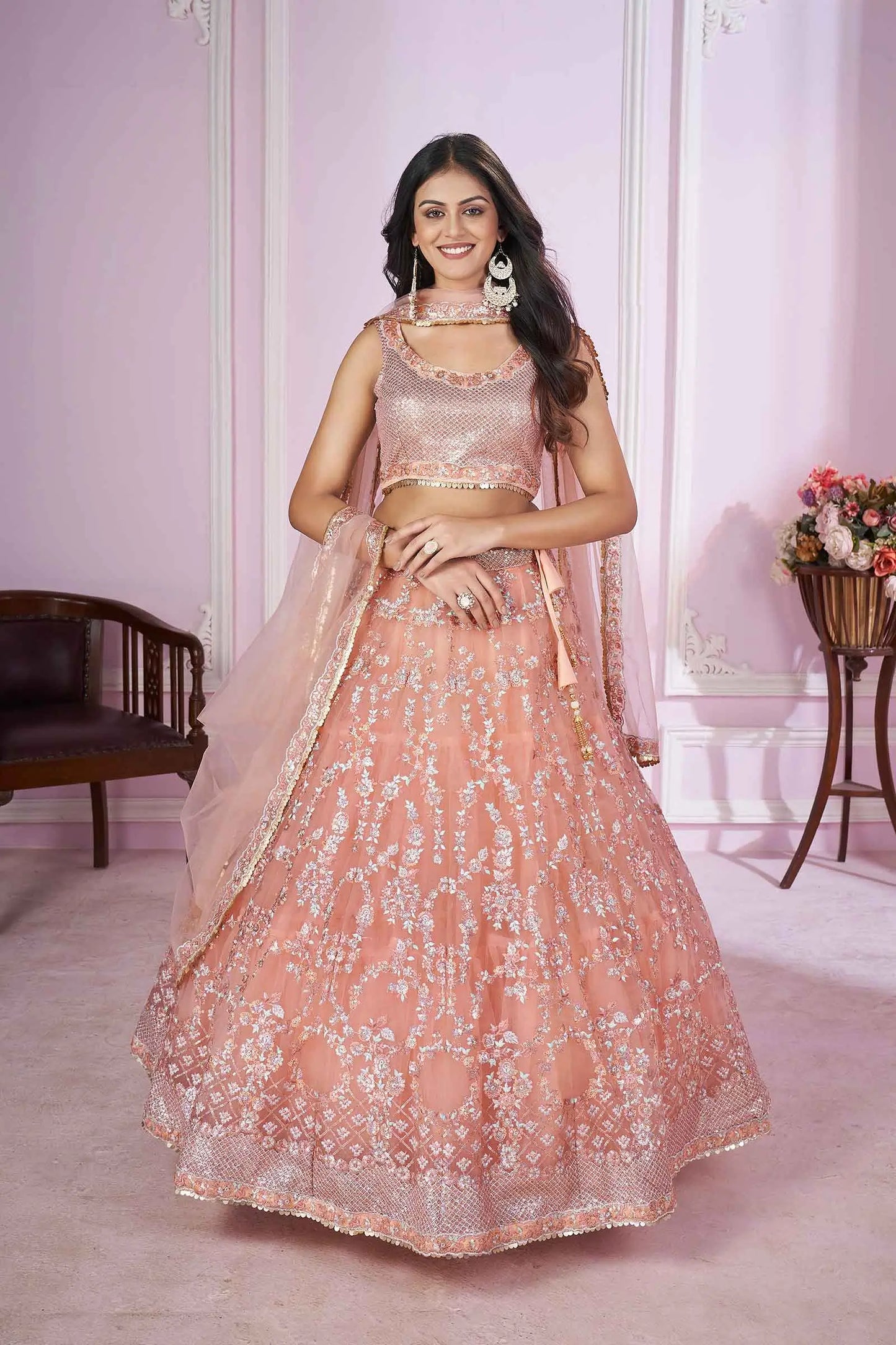 Peach Soft Net Lehenga With Sequins Thread Badla Zari Embroidery Work