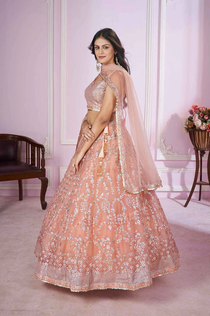 Peach Soft Net Lehenga With Sequins Thread Badla Zari Embroidery Work