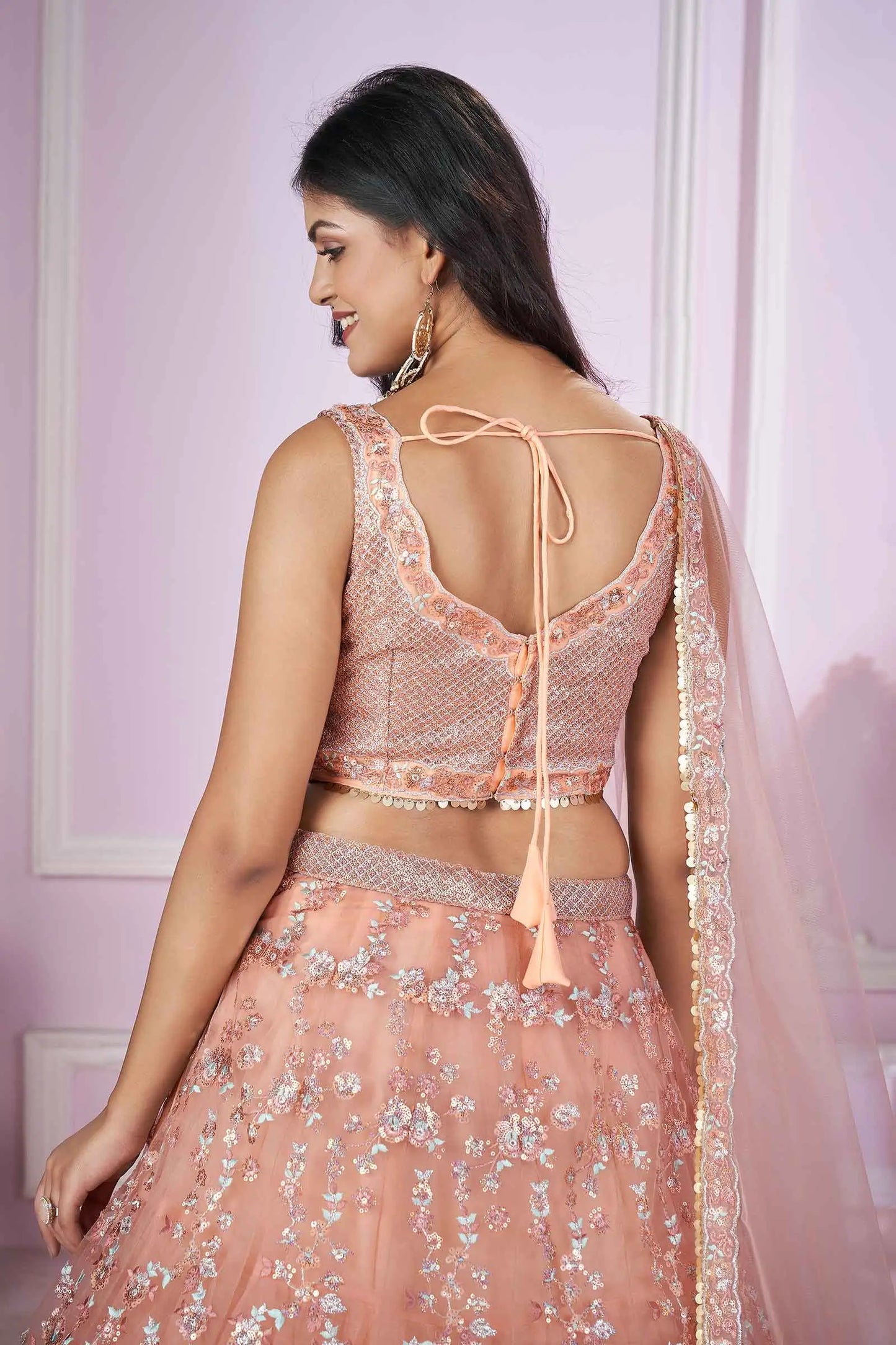 Peach Soft Net Lehenga With Sequins Thread Badla Zari Embroidery Work