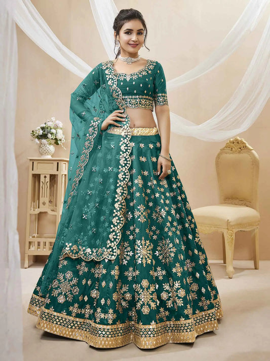 Green Art Silk lehenga With Sequins Zari Embroidered Work