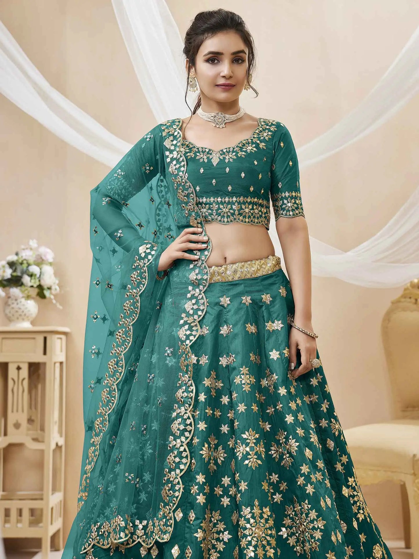 Green Art Silk lehenga With Sequins Zari Embroidered Work