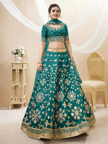 Green Art Silk lehenga With Sequins Zari Embroidered Work