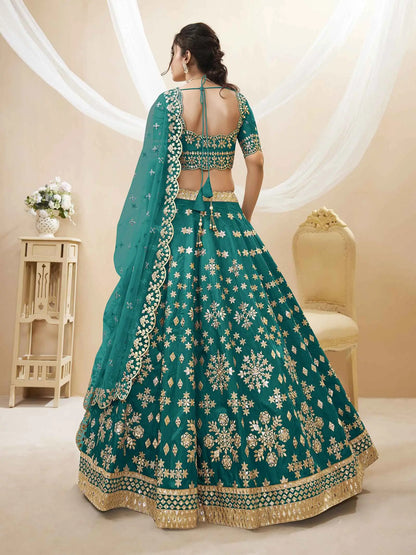 Green Art Silk lehenga With Sequins Zari Embroidered Work