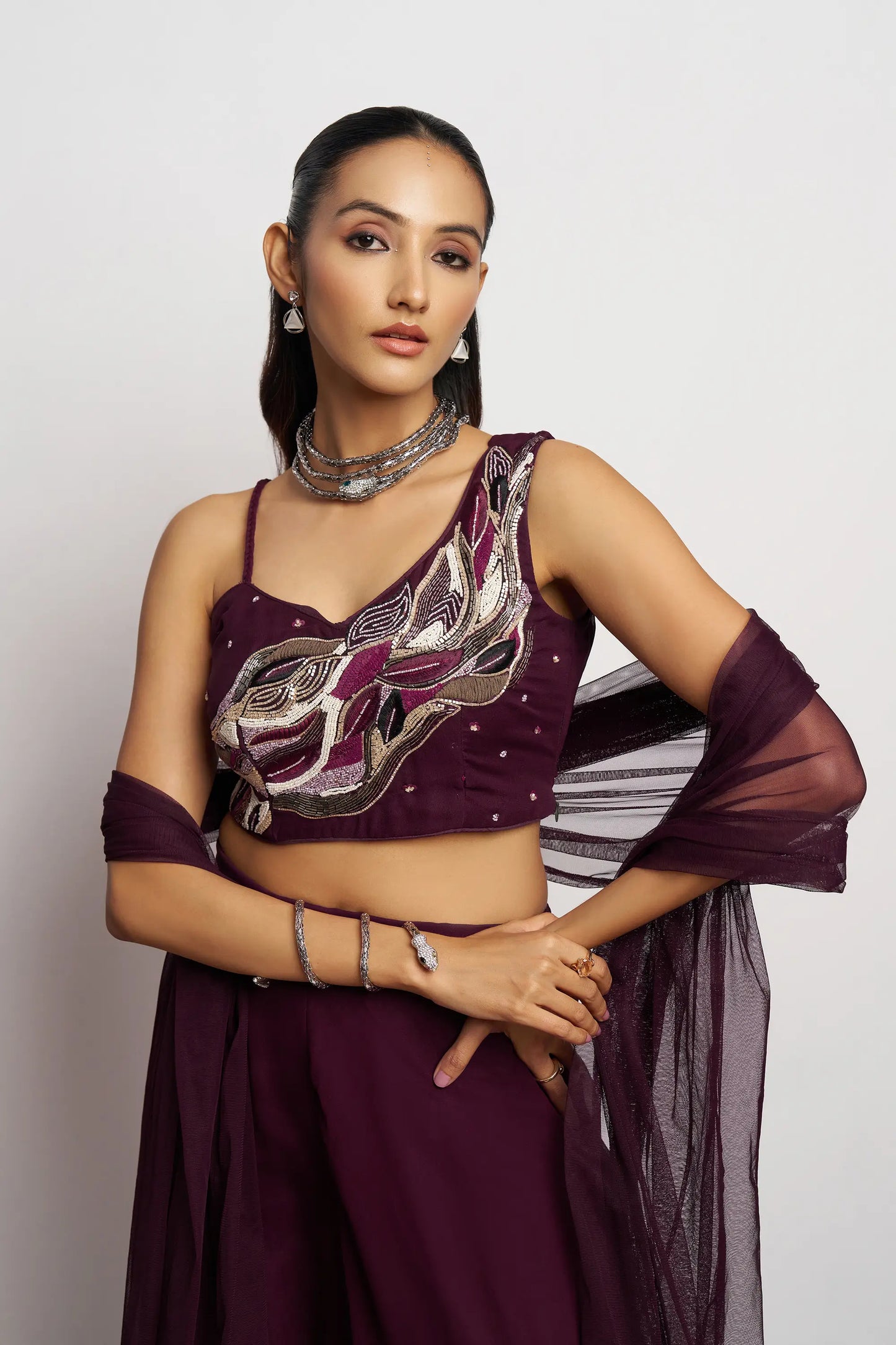 Wine Hand Work Party wear Indo Western Sharara Set With Dupatta