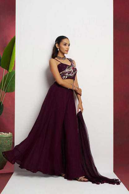 Wine Hand Work Party wear Indo Western Sharara Set With Dupatta