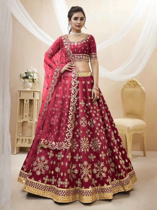 Red Art Silk lehenga With Sequins Zari Embroidered Work With Dupatta