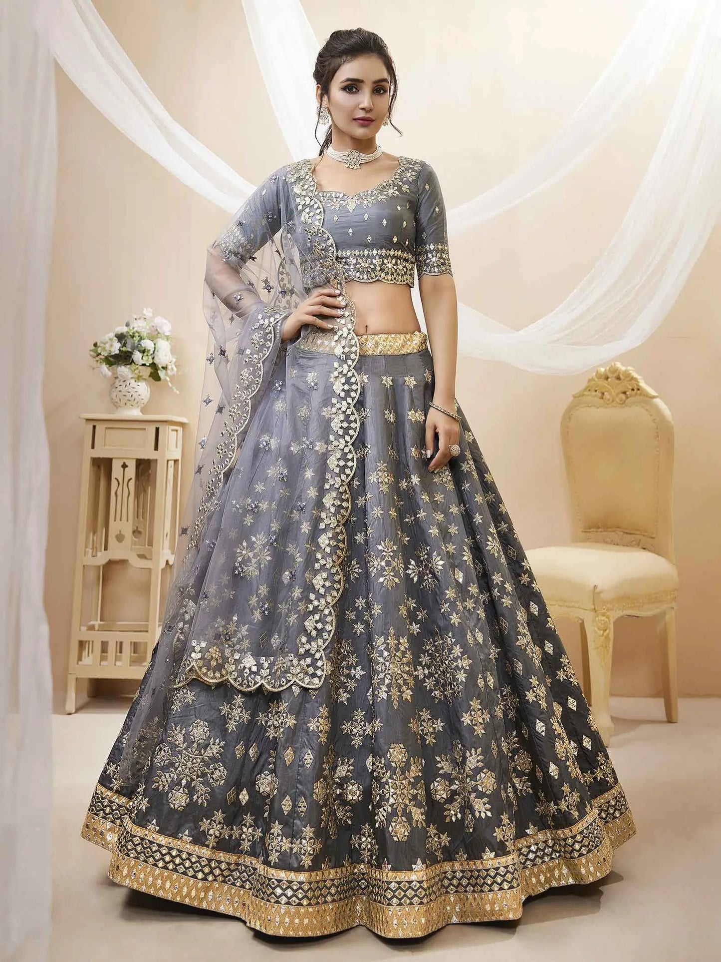 Grey Art Silk lehenga With Sequins Zari Embroidered Work