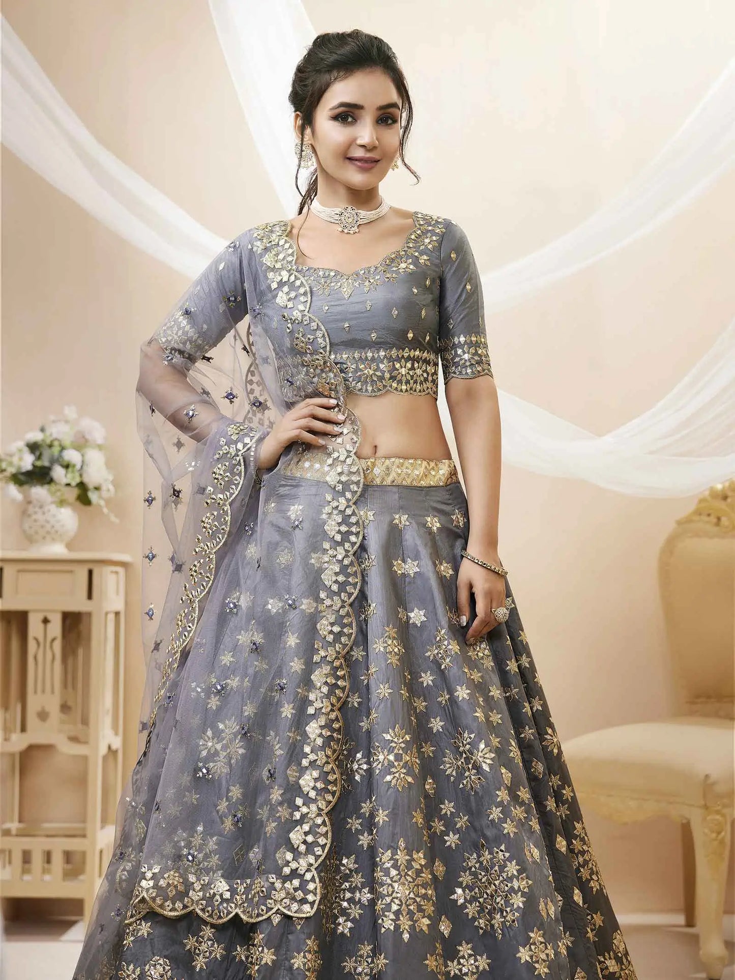 Grey Art Silk lehenga With Sequins Zari Embroidered Work