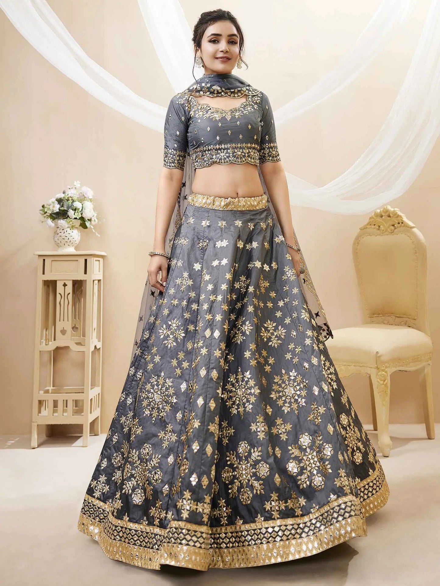 Grey Art Silk lehenga With Sequins Zari Embroidered Work